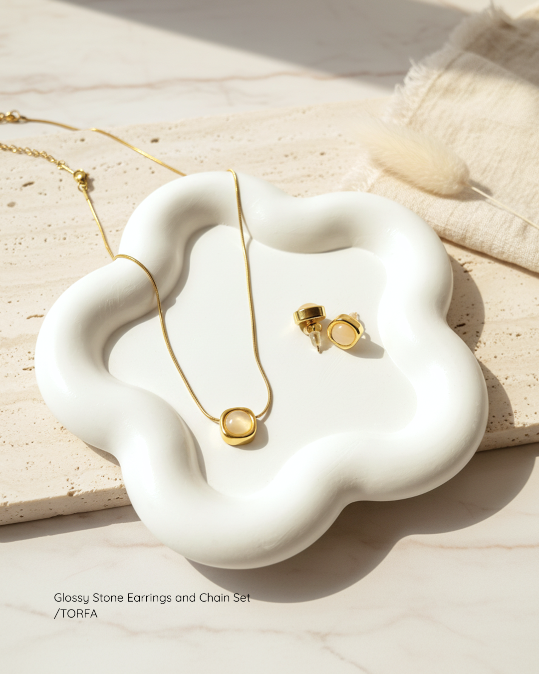 Glossy Stone Earrings and Chain Set (Gold Plated)