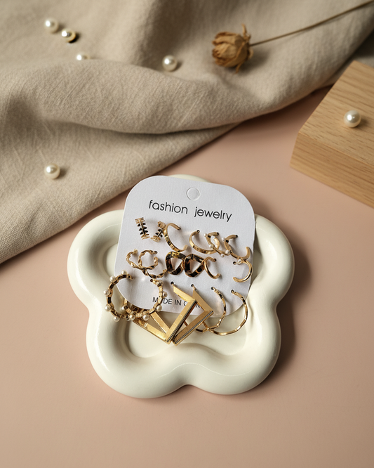 Anti Tarnish Earrings Set (Gold Plated) (Set of 9 Earrings)