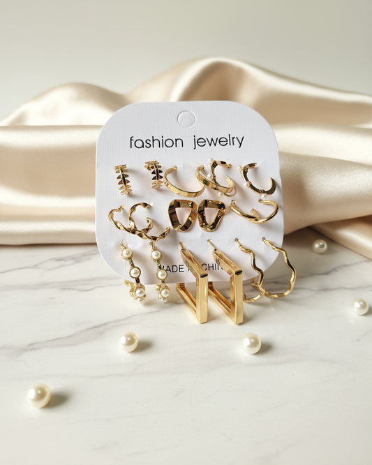 Anti Tarnish Earrings Set (Gold Plated) (Set of 9 Earrings)