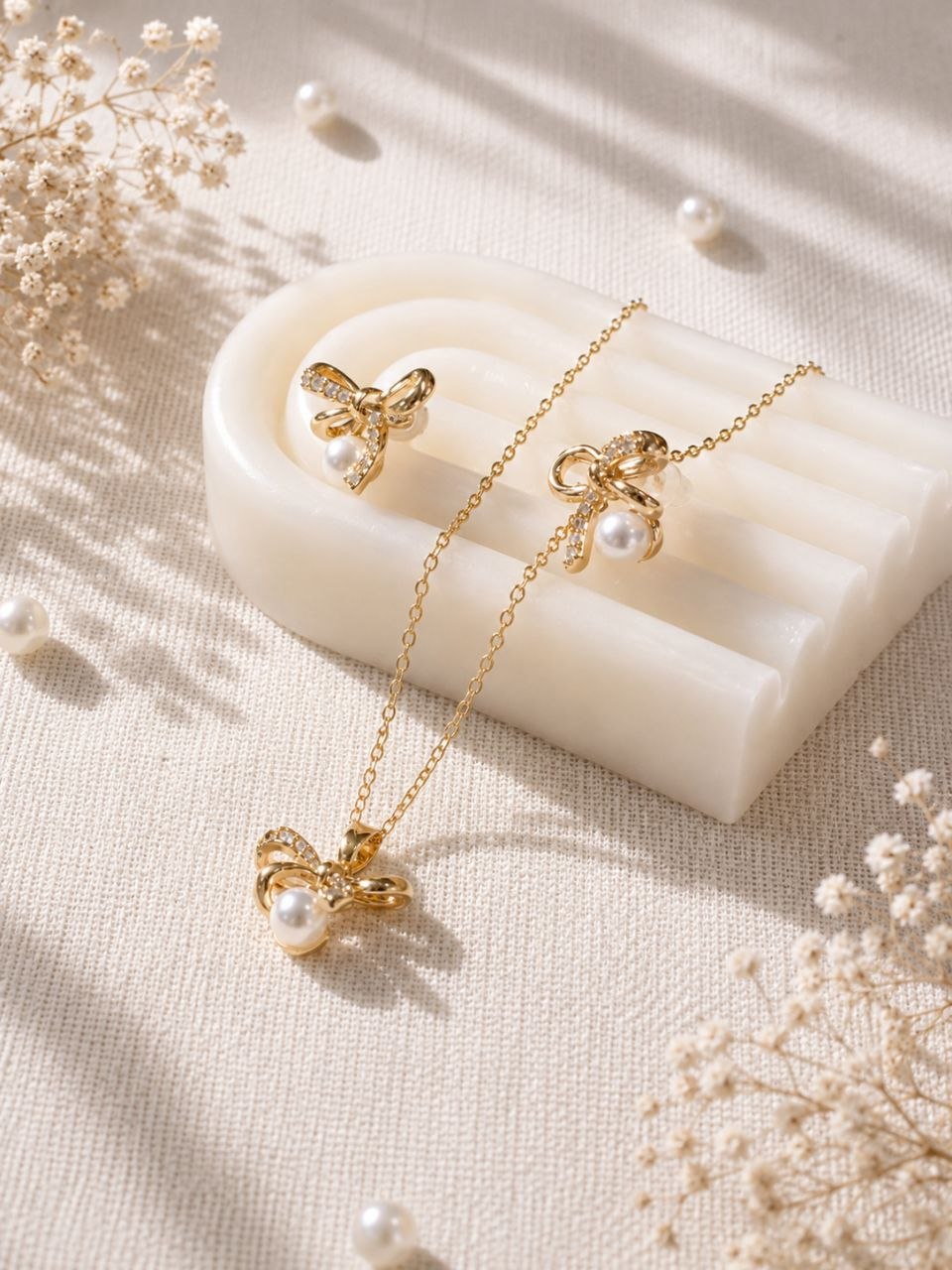 Pearl Bow Chain & Earrings Set