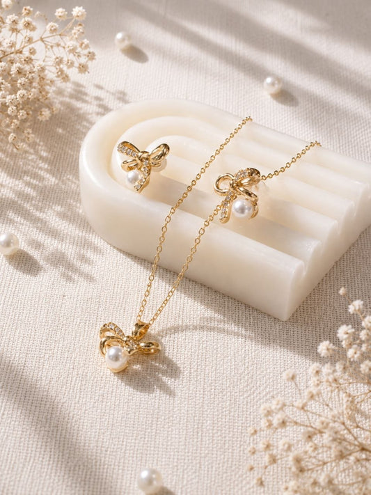 Pearl Bow Chain & Earrings Set
