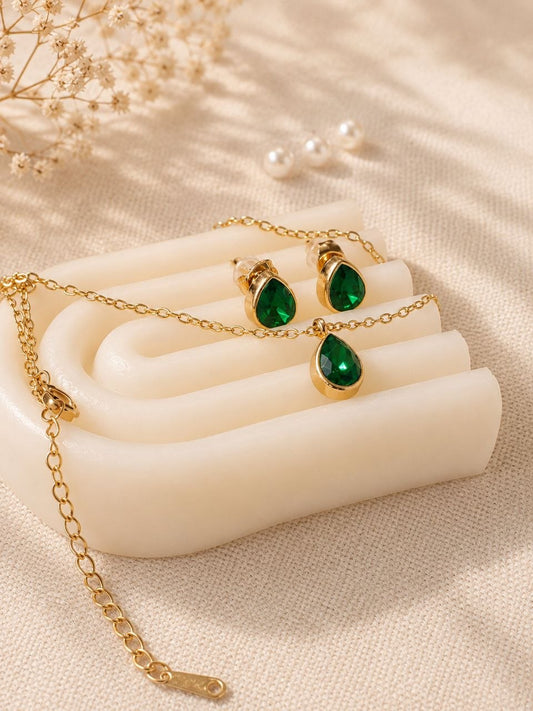 Green Drop Stone Earrings & Chain Set