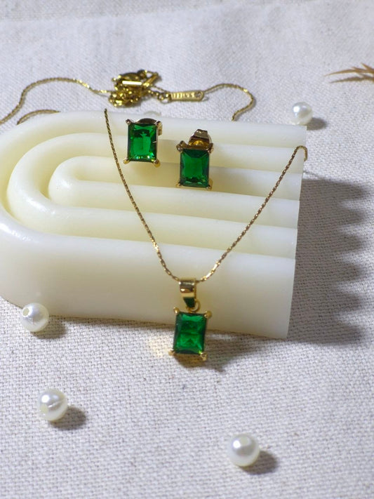 Shiny Green Stone Earring & Chain Set