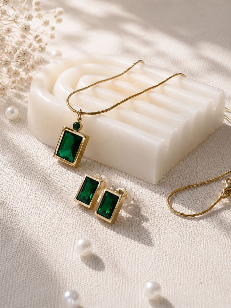 Green Stone Gold Earring & Chain Set