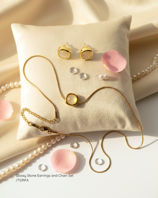 Glossy Stone Earrings and Chain Set (Gold Plated)
